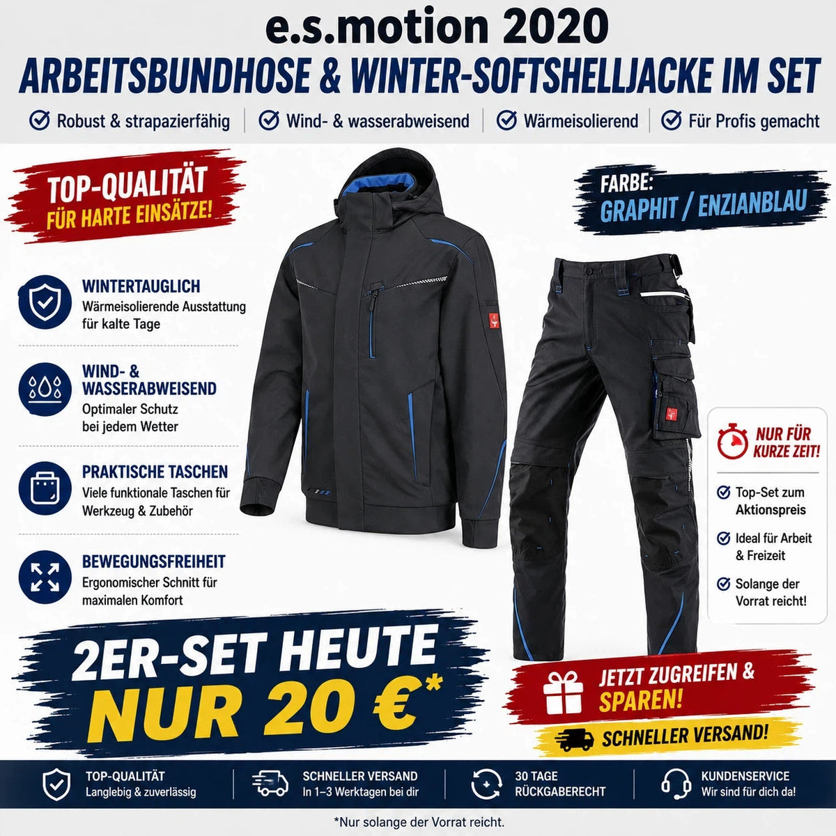☀️e.s.motion 2020ARBEITSBUNDHOSE & WINTER-SOFTSHELLJACKE IM SET❄️