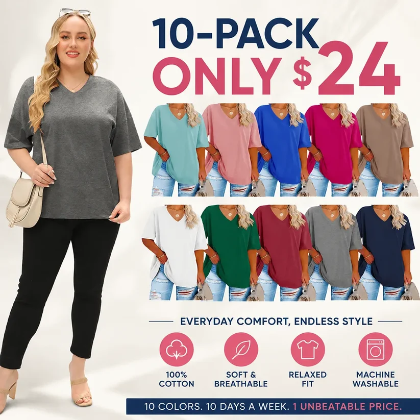 ✨ Women's Plus Size V-Neck T-Shirts – Soft Cotton & Relaxed Fit